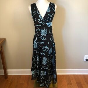 Dressbarn Black & Blue Asymmetrical Floral V Neck Sleeveless Dress Size 8